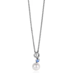 20mm ZINZI zilveren hanger met witte parel, ronde lichtblauwe kleursteen en open rondje bezet met witte zirconia's ZIH2442 (zonder collier)