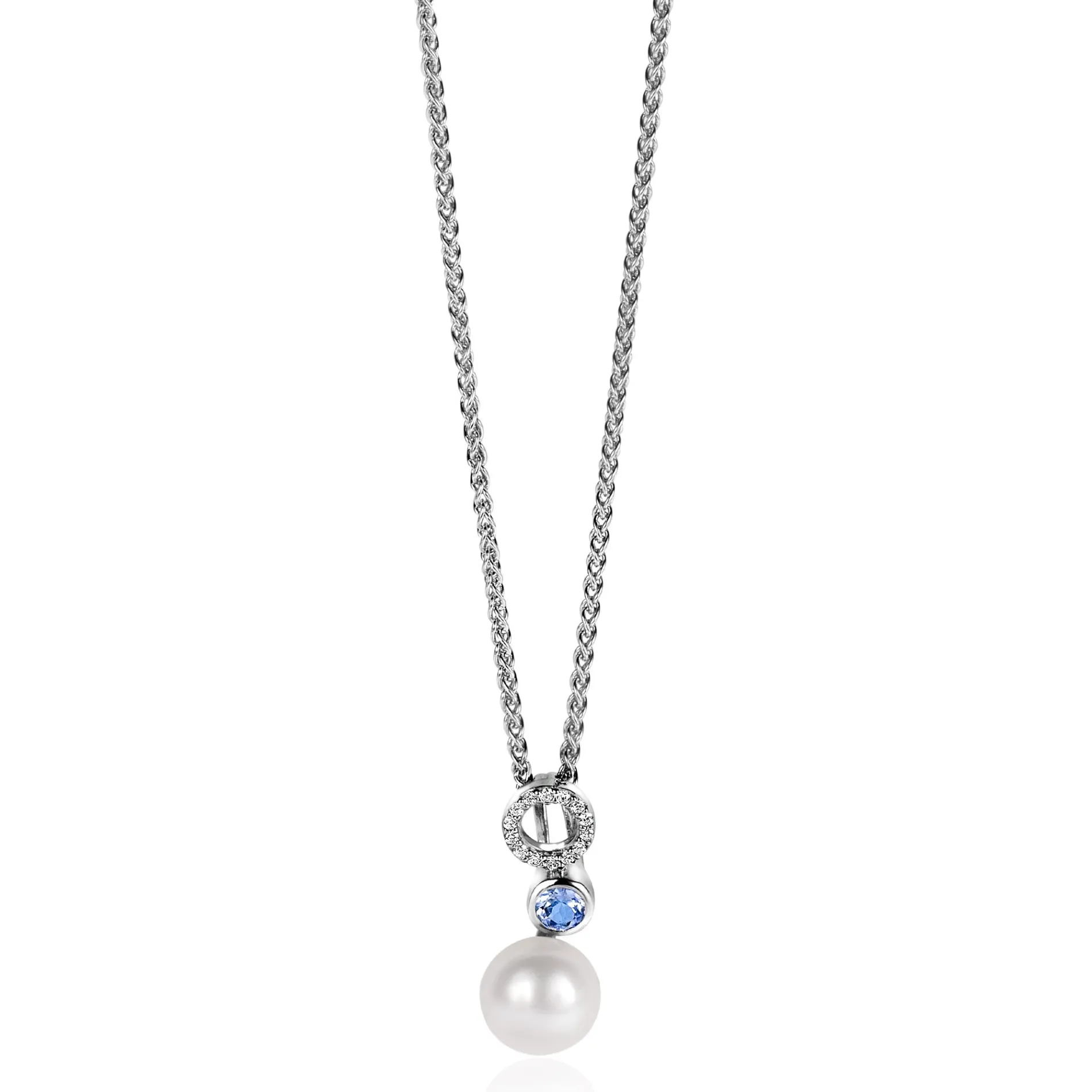 20mm ZINZI zilveren hanger met witte parel, ronde lichtblauwe kleursteen en open rondje bezet met witte zirconia's ZIH2442 (zonder collier)