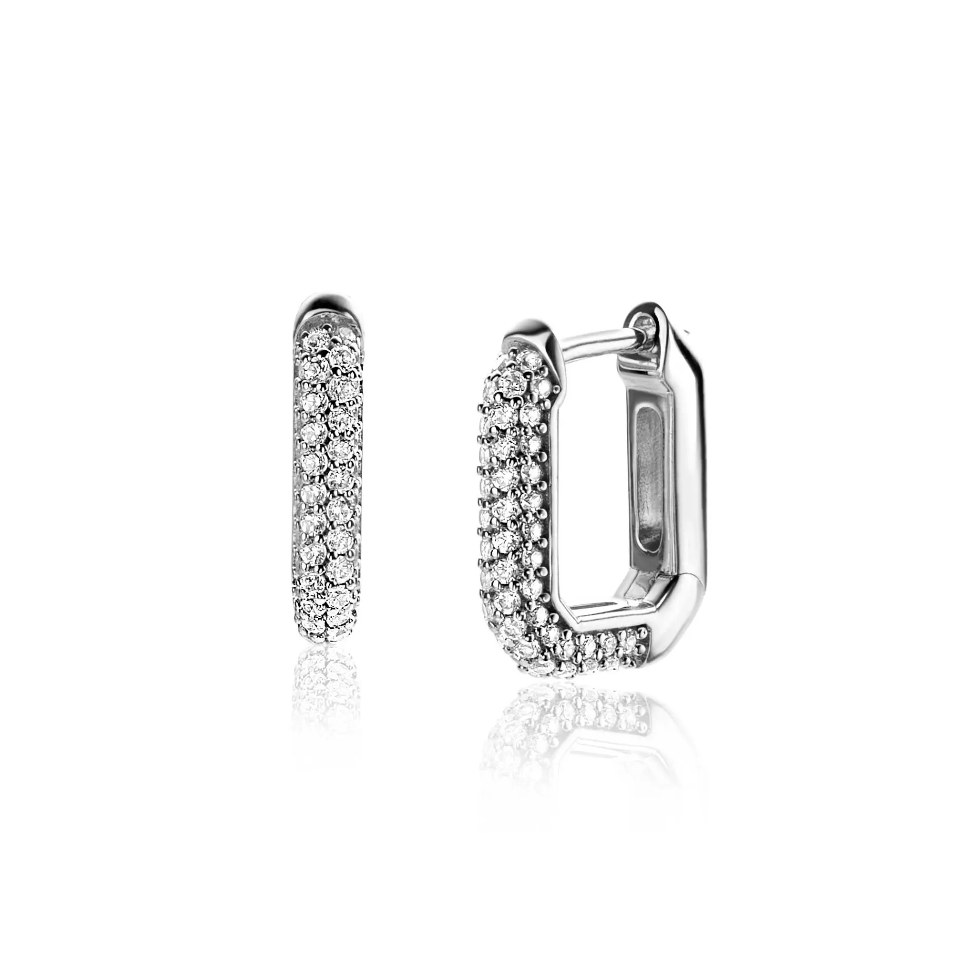 16mm ZINZI zilveren luxe oorringen 16x3mm achthoekig bezet met witte zirconia's en klapsluiting ZIO2495Z