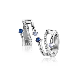 16mm ZINZI zilveren multi-look oorringen met 3 rijen, bezet met blauwe kleurstenen en witte zirconia's 10mm breed met luxe klapsluiting ZIO2646B