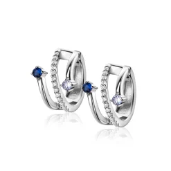 16mm ZINZI zilveren multi-look oorringen met 3 rijen, bezet met blauwe kleurstenen en witte zirconia's 10mm breed met luxe klapsluiting ZIO2646B