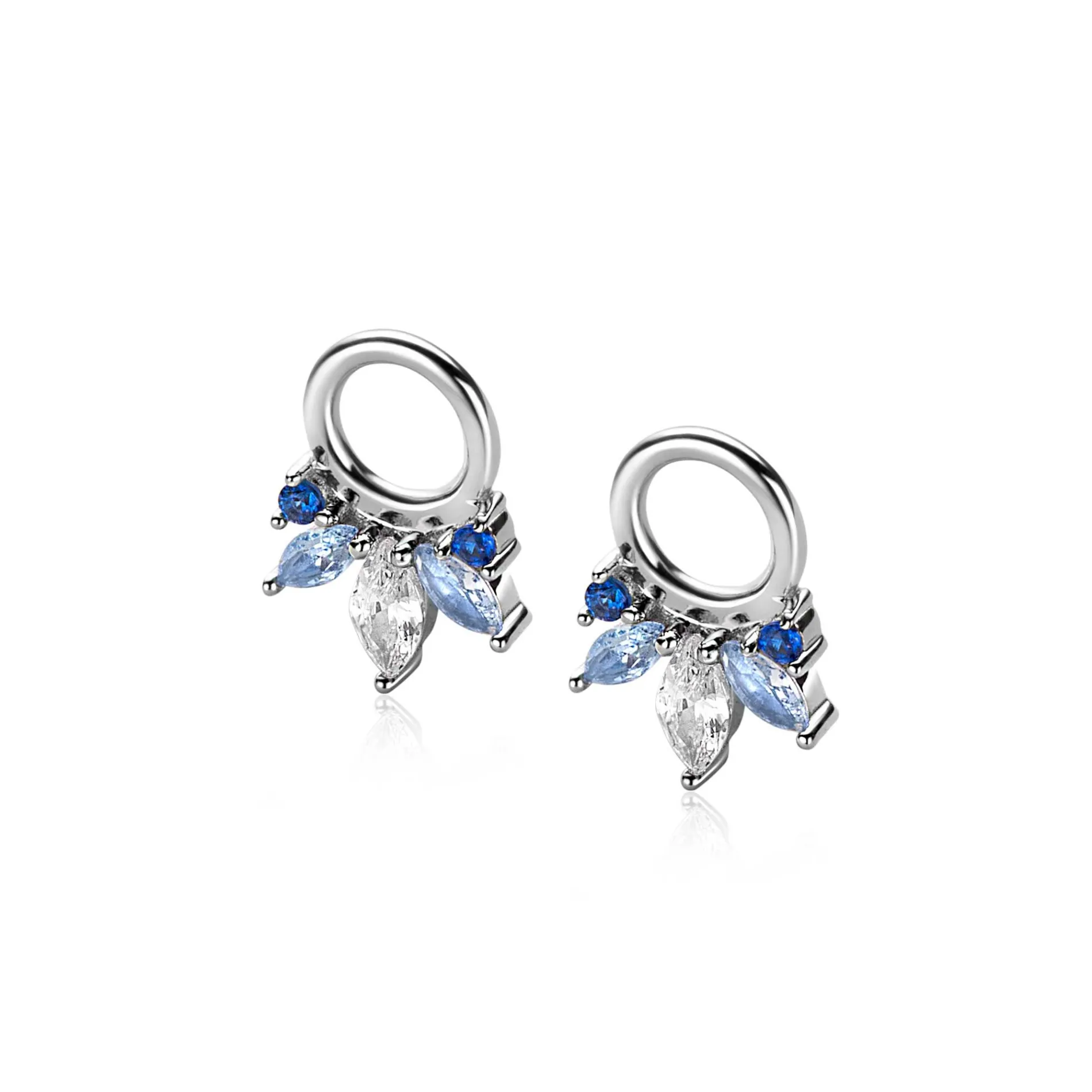 10mm ZINZI zilveren oorbedels met vijf speelse zettingen in aflopende grootte, bezet met blauwe kleurstenen en witte zirconia ZICH2633B (zonder oorringen)