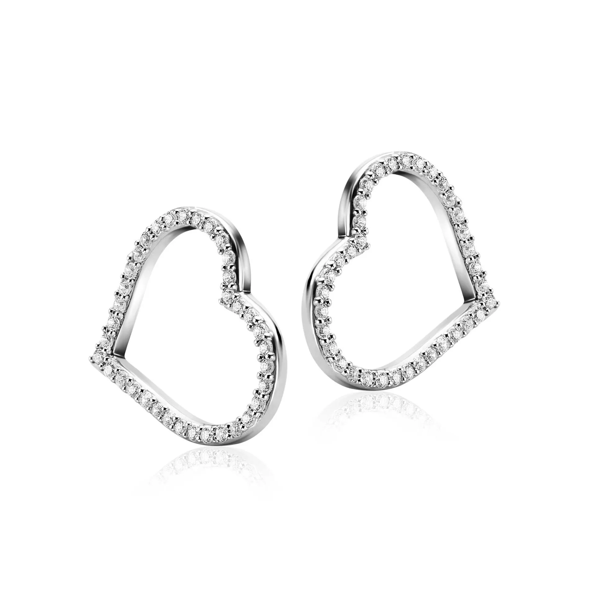 19mm ZINZI zilveren oorbedels open harten, bezet met witte zirconia's ZICH2447 (zonder oorringen)