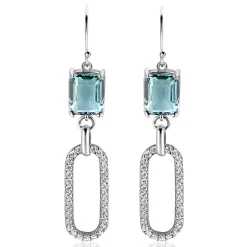 58mm ZINZI zilveren oorhangers met schitterende ovale schakel, bezet met witte zirconia's en groenachtig blauwe (petrol) kleursteen in vierpootszetting ZIO2487L
