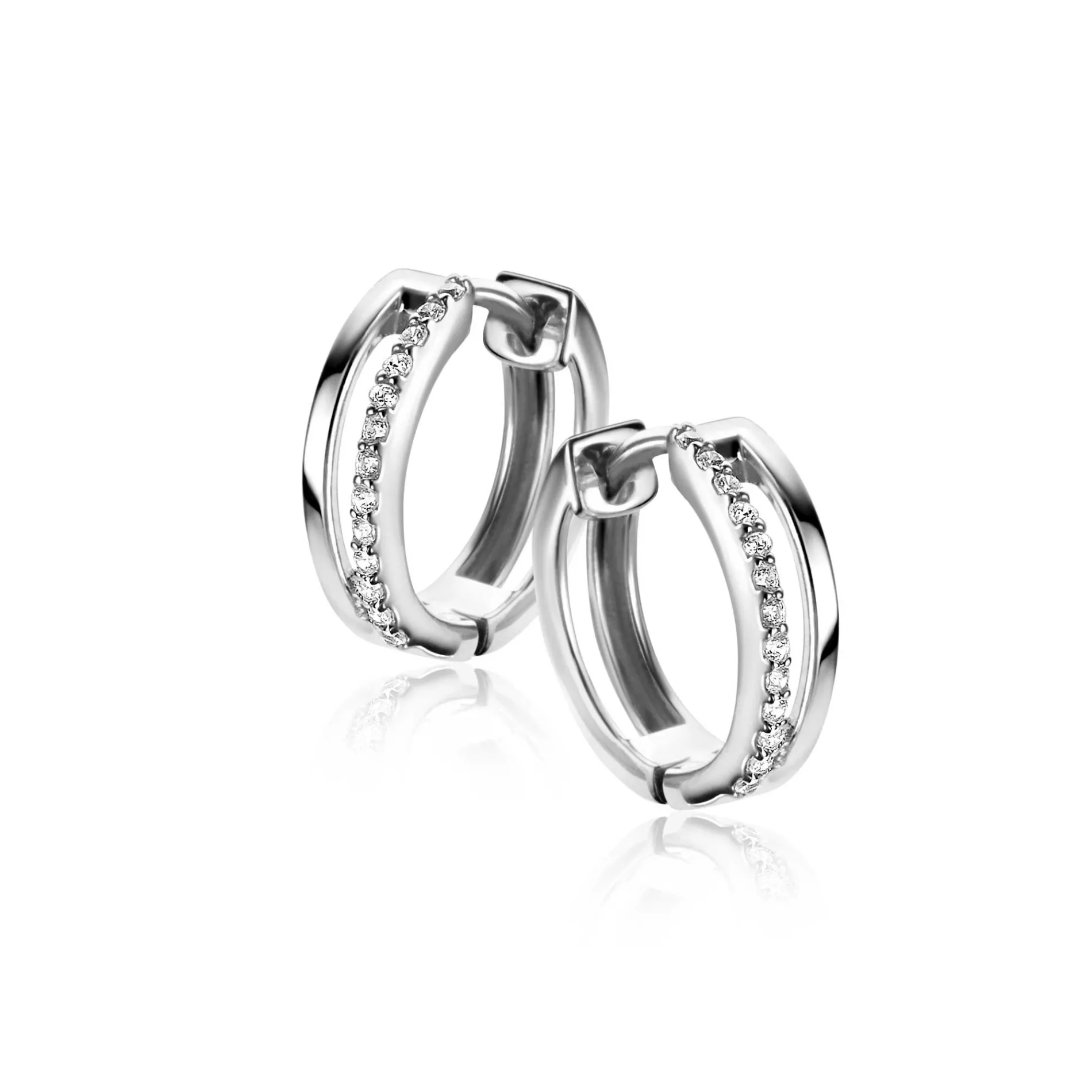 14mm ZINZI zilveren oorringen met een multi-look uitstraling, bezet met witte zirconia's, met luxe klapsluiting 14x3mm ZIO2452