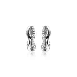 15mm ZINZI zilveren oorringen organisch gevormd met twee golvende banen, waarvan één bezet met witte zirconia's, met luxe klapsluiting ZIO2629