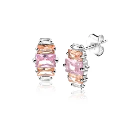 13mm ZINZI zilveren oorstekers baguette geslepen zirconia's wit, champagne en roze ZIO2490