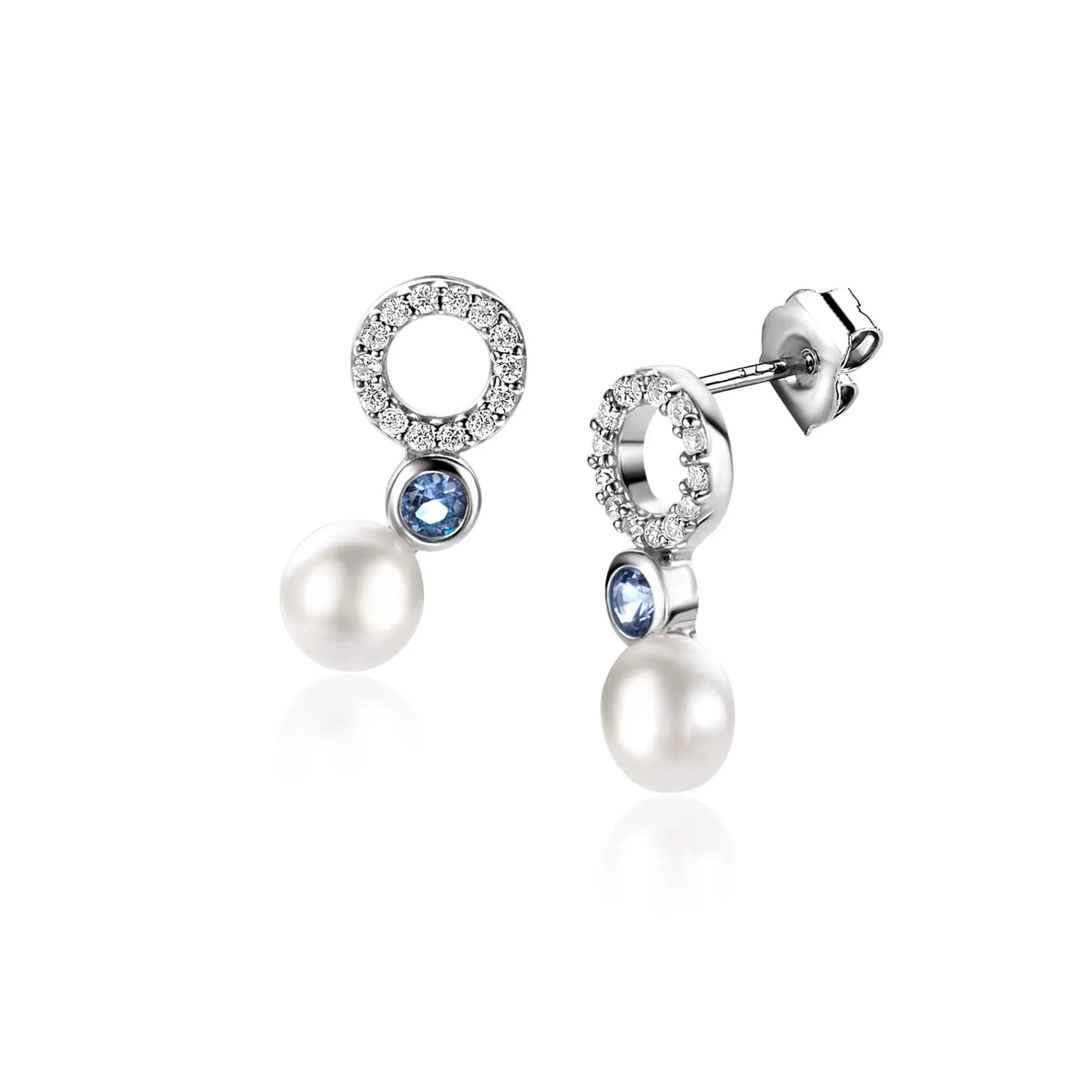 15mm ZINZI zilveren oorstekers met witte parel, ronde lichtblauwe kleursteen en open rondje bezet met witte zirconia's ZIO2442