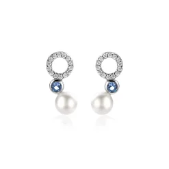 15mm ZINZI zilveren oorstekers met witte parel, ronde lichtblauwe kleursteen en open rondje bezet met witte zirconia's ZIO2442