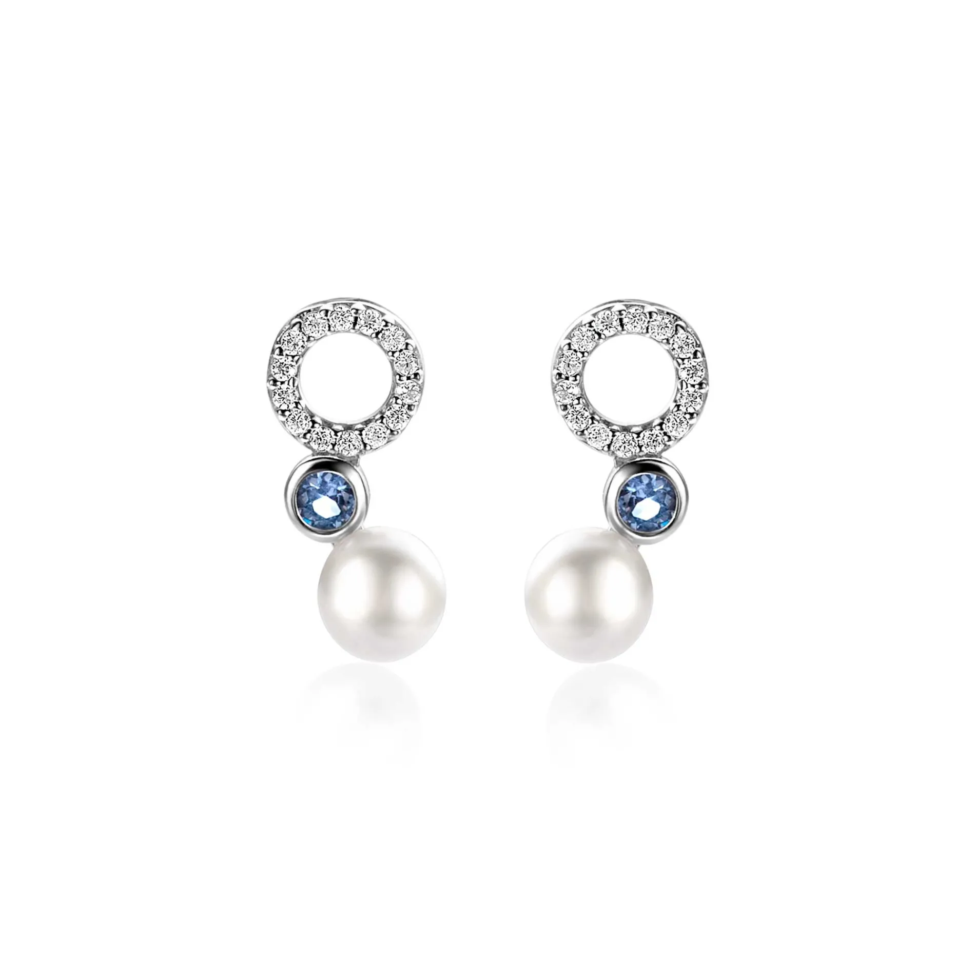 15mm ZINZI zilveren oorstekers met witte parel, ronde lichtblauwe kleursteen en open rondje bezet met witte zirconia's ZIO2442