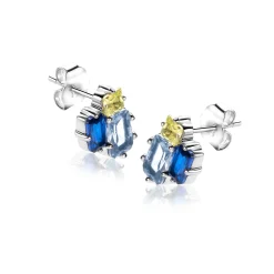 10mm ZINZI zilveren oorstekers rechthoekige vormen, bezet met licht groene en blauwe kleurstenen ZIO2496