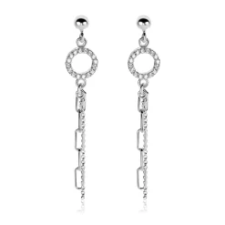 46mm ZINZI zilveren oorstekers met bungelende paperclip en gourmet schakels, bevestigd aan een open rondje bezet met witte zirconia's ZIO2464
