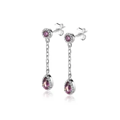 25mm ZINZI zilveren oorstekers met schakelkettinkje en druppelvormige paarse kleursteen en witte zirconia's ZIO2561