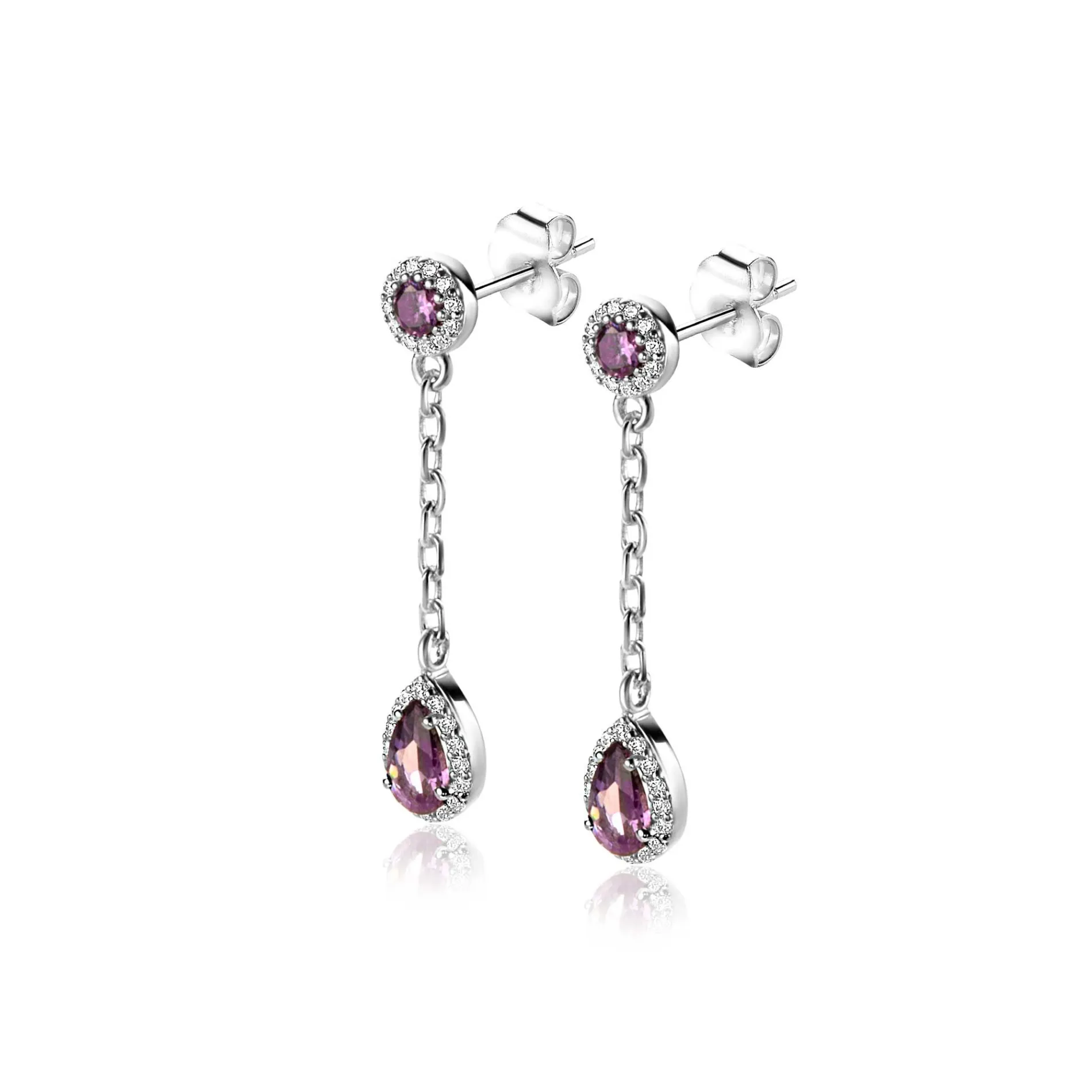 25mm ZINZI zilveren oorstekers met schakelkettinkje en druppelvormige paarse kleursteen en witte zirconia's ZIO2561