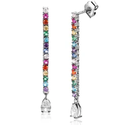 42mm ZINZI zilveren oorstekers in staafvorm bezet met regenboog kleurstenen en witte peervormige zirconia ZIO2486