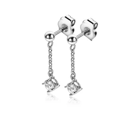 26mm ZINZI zilveren oorstekers met kettinkje en een bungelende ronde witte zirkonia ZIO2660