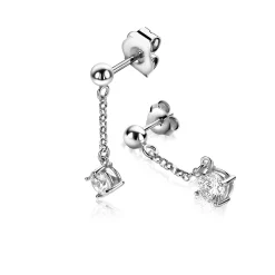 26mm ZINZI zilveren oorstekers met kettinkje en een bungelende ronde witte zirkonia ZIO2660