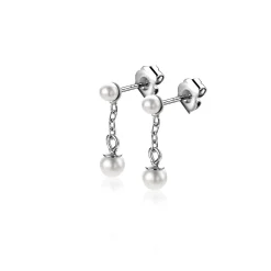 15mm ZINZI zilveren parel oorstekers met schakelkettinkje en ronde witte glasparel van 4mm ZIO2623
