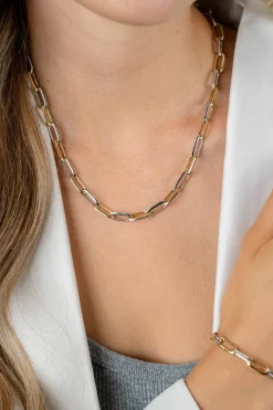 ZINZI bicolor ovale schakelketting met afwisselend gold plated en zilveren schakels 45cm ZIC2668