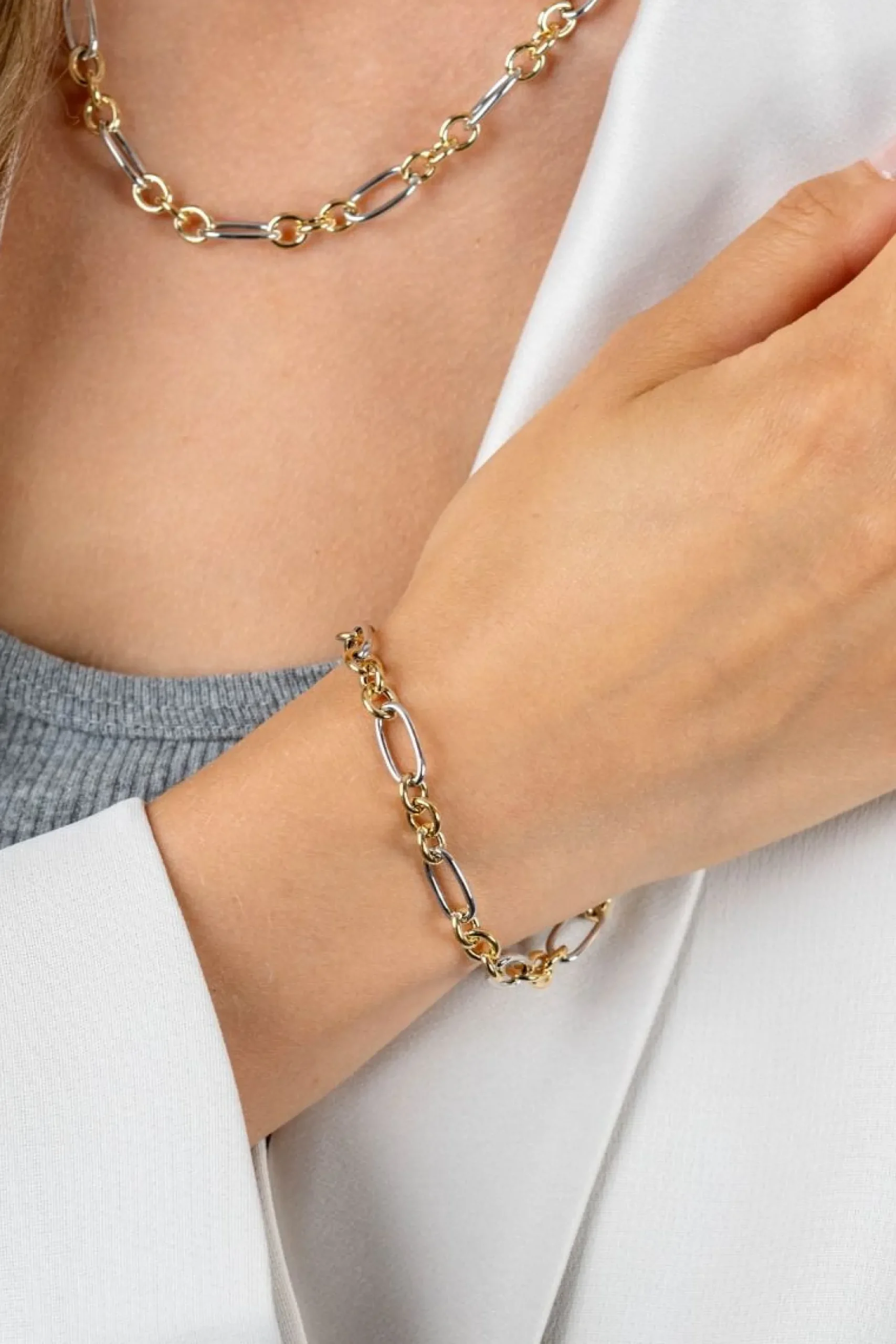 ZINZI bicolor schakelarmband 7mm breed met jasseron en ovale schakels 19,5cm ZIA2667