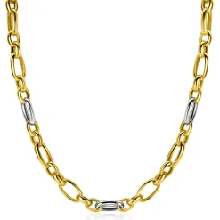 ZINZI bicolor schakelketting (7mm breed) met afwisselend gold plated jasseron schakels en grote zilveren ovale schakels 45cm ZIC2639