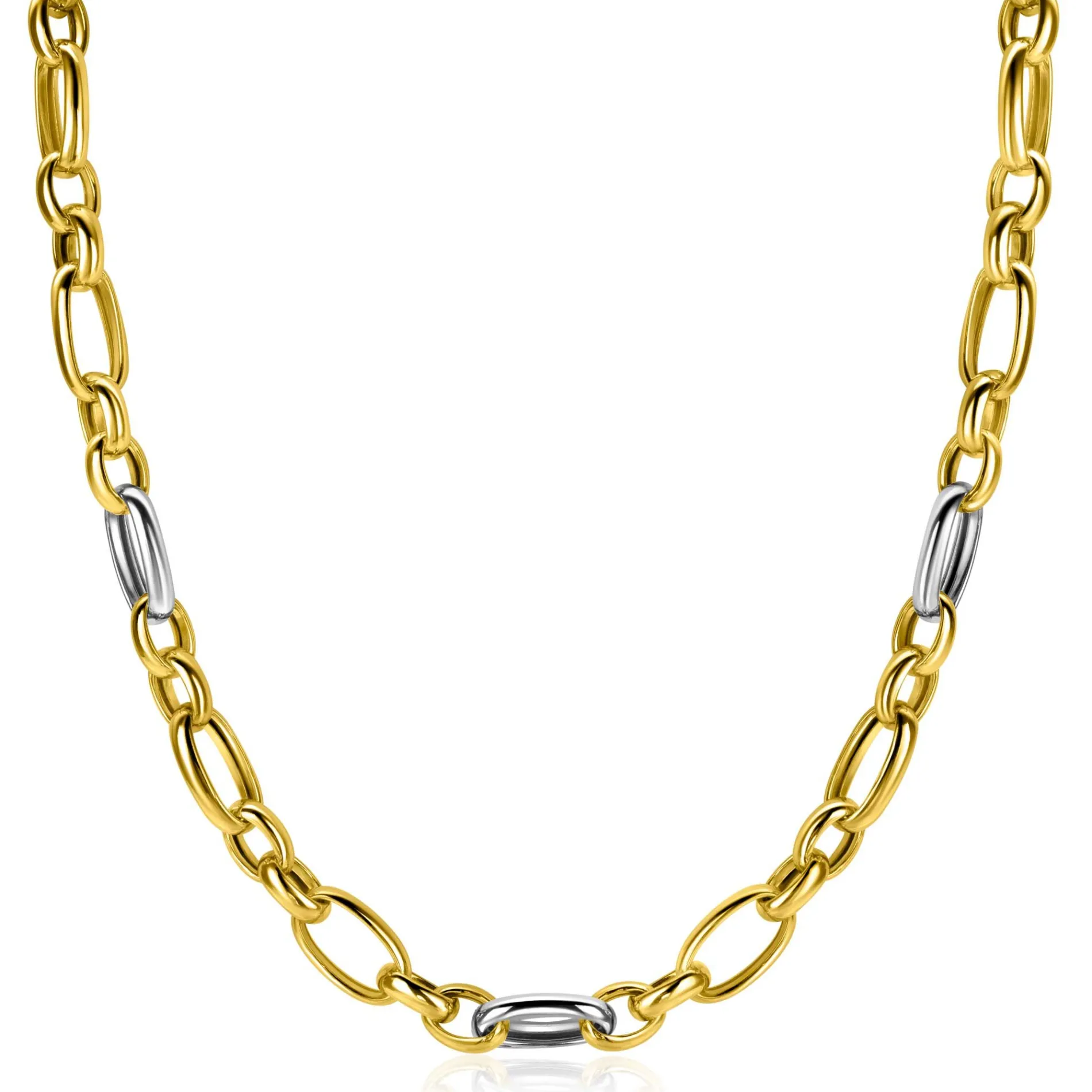ZINZI bicolor schakelketting (7mm breed) met afwisselend gold plated jasseron schakels en grote zilveren ovale schakels 45cm ZIC2639