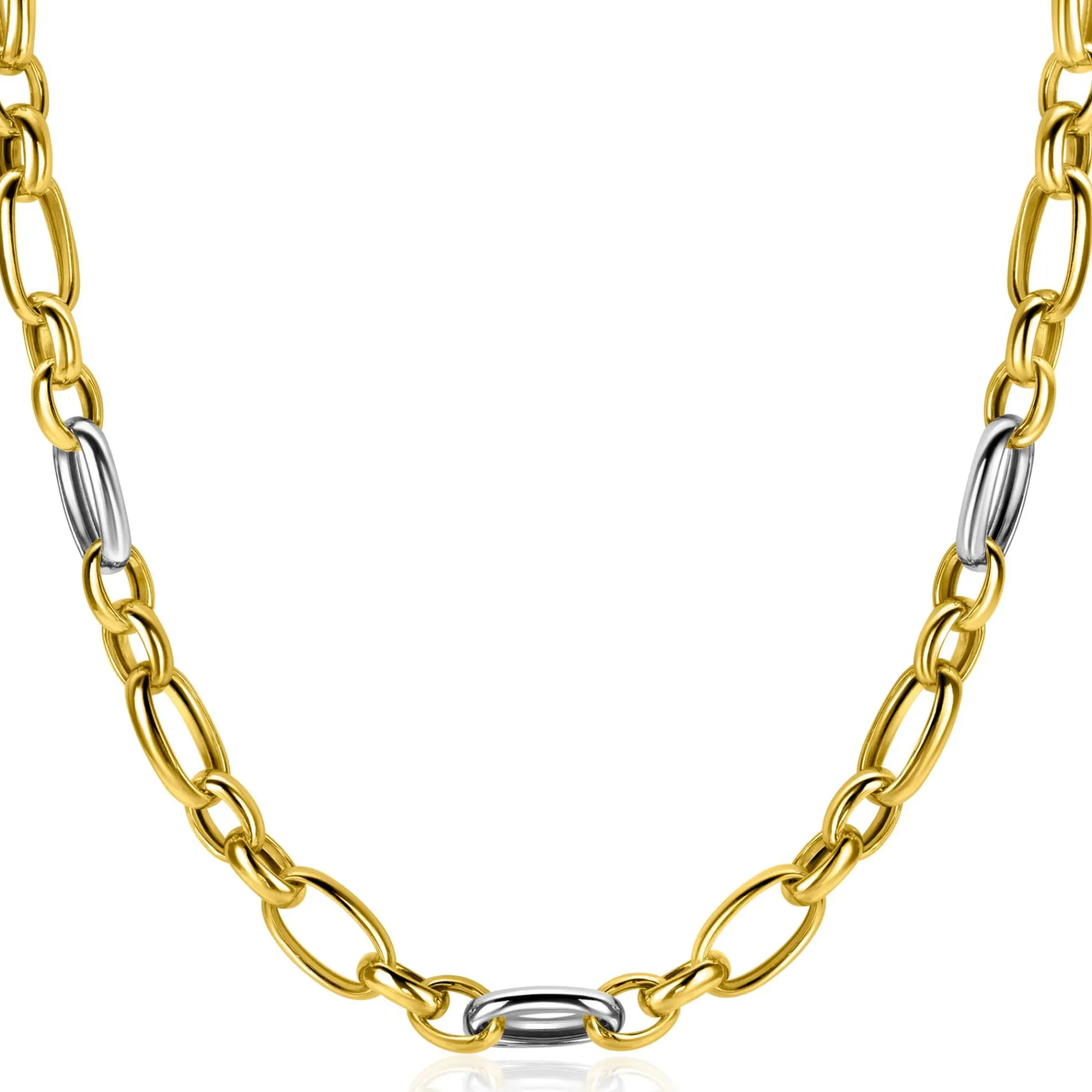 ZINZI bicolor schakelketting (7mm breed) met afwisselend gold plated jasseron schakels en grote zilveren ovale schakels 45cm ZIC2639