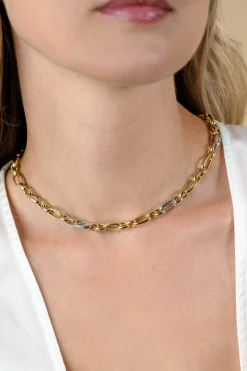 ZINZI bicolor schakelketting (7mm breed) met afwisselend gold plated jasseron schakels en grote zilveren ovale schakels 45cm ZIC2639