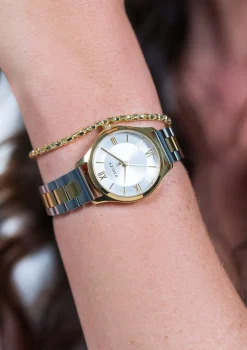 ZINZI Classy Mini horloge 30mm zilverkleurige wijzerplaat goudkleurige stalen kast en bicolor band ziw1233