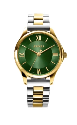 ZINZI Classy Mini horloge 30mm groene wijzerplaat goudkleurige stalen kast en bicolor band ziw1235