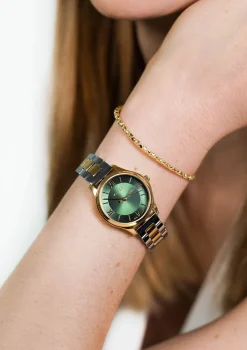 ZINZI Classy Mini horloge 30mm groene wijzerplaat goudkleurige stalen kast en bicolor band ziw1235