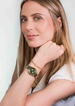 ZINZI Classy Mini horloge 30mm groene wijzerplaat goudkleurige stalen kast en bicolor band ziw1235