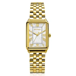 ZINZI Elegance bicolor horloge witte wijzerplaat en rechthoekige goudkleurige kast en geel vergulde stalen schakelband 28mm extra dun ZIW1907GB