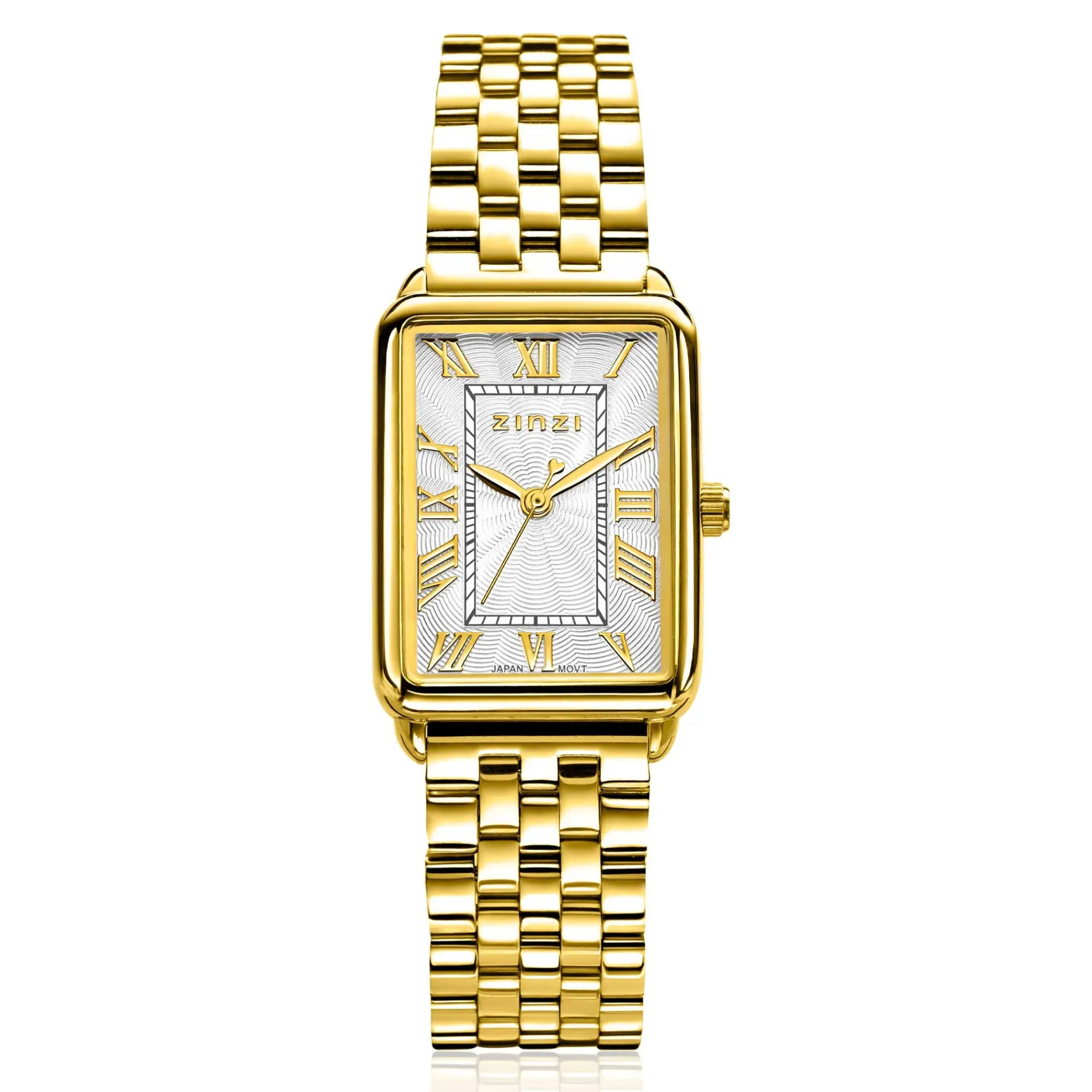 ZINZI Elegance bicolor horloge witte wijzerplaat en rechthoekige goudkleurige kast en geel vergulde stalen schakelband 28mm extra dun ZIW1907GB