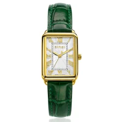 ZINZI Elegance bicolor horloge witte wijzerplaat en rechthoekige goudkleurige kast en groene leren band 28mm extra dun ZIW1907G