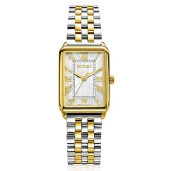 ZINZI Elegance bicolor horloge witte wijzerplaat en rechthoekige goudkleurige kast en bicolor stalen schakelband 28mm extra dun ZIW1907
