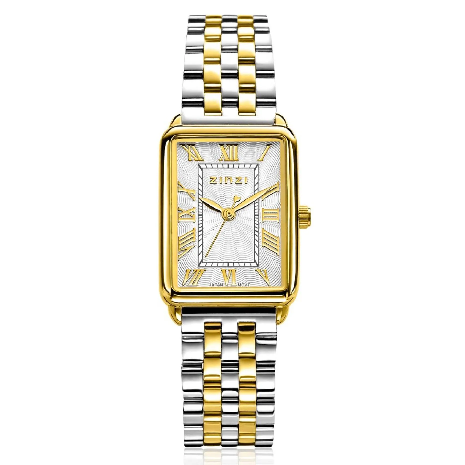 ZINZI Elegance bicolor horloge witte wijzerplaat en rechthoekige goudkleurige kast en bicolor stalen schakelband 28mm extra dun ZIW1907