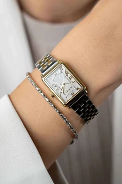 ZINZI Elegance bicolor horloge witte wijzerplaat en rechthoekige goudkleurige kast en bicolor stalen schakelband 28mm extra dun ZIW1907