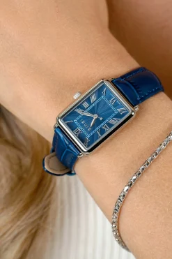 ZINZI Elegance horloge blauwe wijzerplaat en rechthoekige stalen kast met blauwe leren band 28mm extra dun ZIW1955B