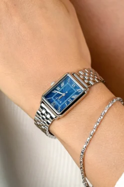 ZINZI Elegance horloge blauwe wijzerplaat en rechthoekige kast stalen schakelband 28mm extra dun ZIW1955