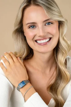 ZINZI Elegance horloge blauwe wijzerplaat en rechthoekige kast stalen schakelband 28mm extra dun ZIW1955