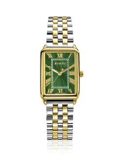 ZINZI Elegance horloge groene wijzerplaat en rechthoekige kast stalen bicolor schakelband 28mm extra dun ZIW1935