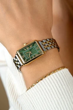 ZINZI Elegance horloge groene wijzerplaat en rechthoekige kast stalen bicolor schakelband 28mm extra dun ZIW1935