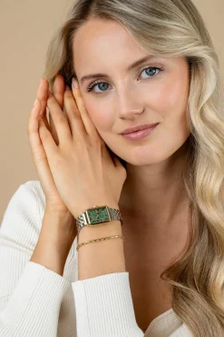 ZINZI Elegance horloge groene wijzerplaat en rechthoekige kast stalen bicolor schakelband 28mm extra dun ZIW1935