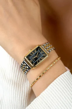 ZINZI Elegance horloge zwarte wijzerplaat en rechthoekige kast stalen bicolor schakelband 28mm extra dun ZIW1943