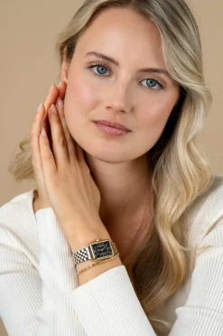 ZINZI Elegance horloge zwarte wijzerplaat en rechthoekige kast stalen bicolor schakelband 28mm extra dun ZIW1943
