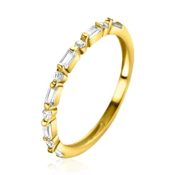 ZINZI Gold 14 karaat gouden ring 1,7mm breed, afwisselend bezet met baquette geslepen zirconia's en ronde witte zirconia's ZGR403
