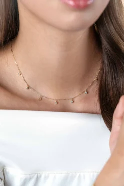 ZINZI Gold 14 krt gouden anker ketting met zeven ronde hangertjes, bezet met witte zirconia's 40-43cm ZGC451
