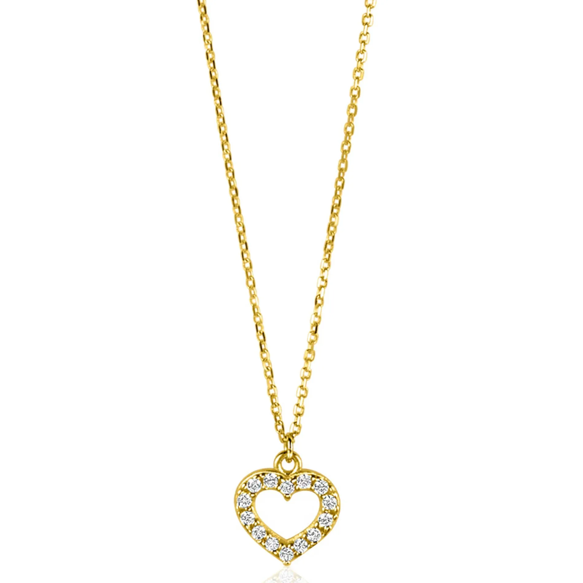 ZINZI Gold 14 krt gouden anker ketting met sierlijk open hartje (7mm), bezet met witte zirconia's 40-42,5cm ZGC450