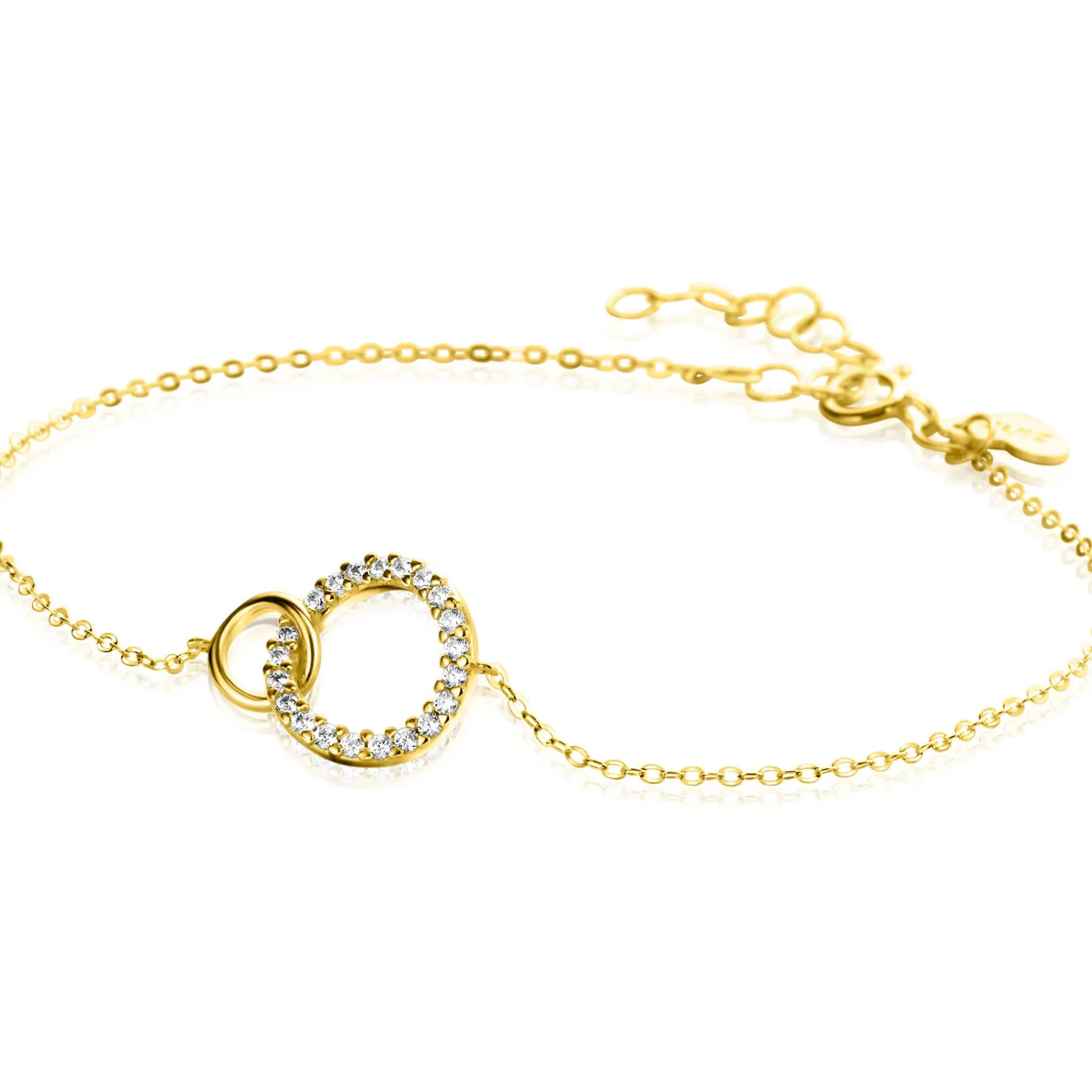 ZINZI Gold 14 krt gouden armband met twee open rondjes, mooi met elkaar verbonden. Het groter rondje (11mm) is bezet met witte zirconia's 16,5-19,5cm ZGA460